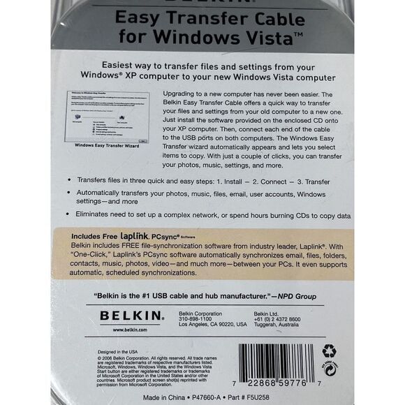 NEW Belkin Easy Transfer Cable for windows Vista 8ft including software - Picture 5 of 6